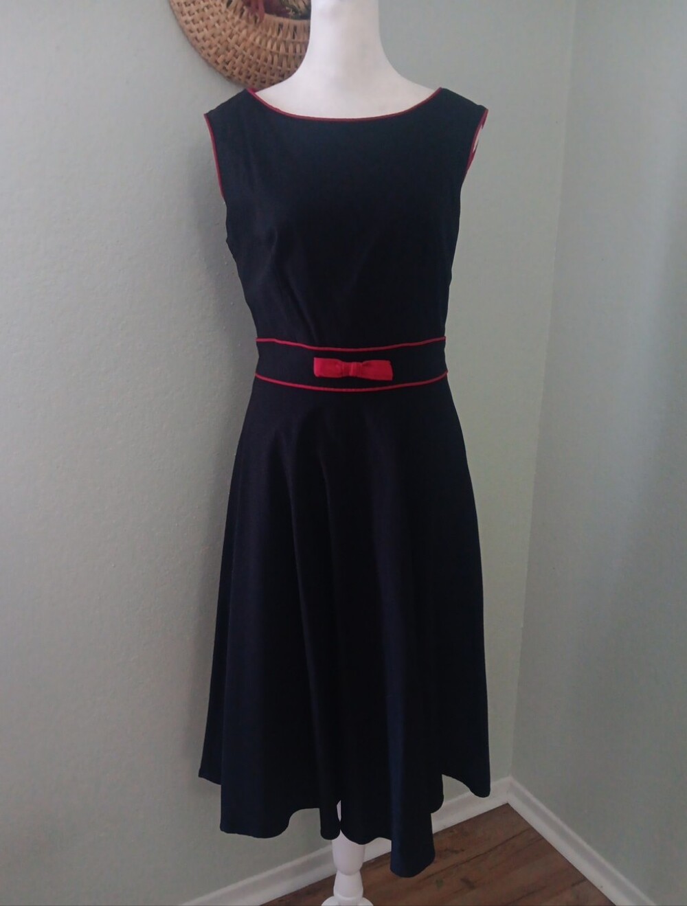Stop Staring Black Fit-and-Flare Midi Dress with Red Trim and Bow